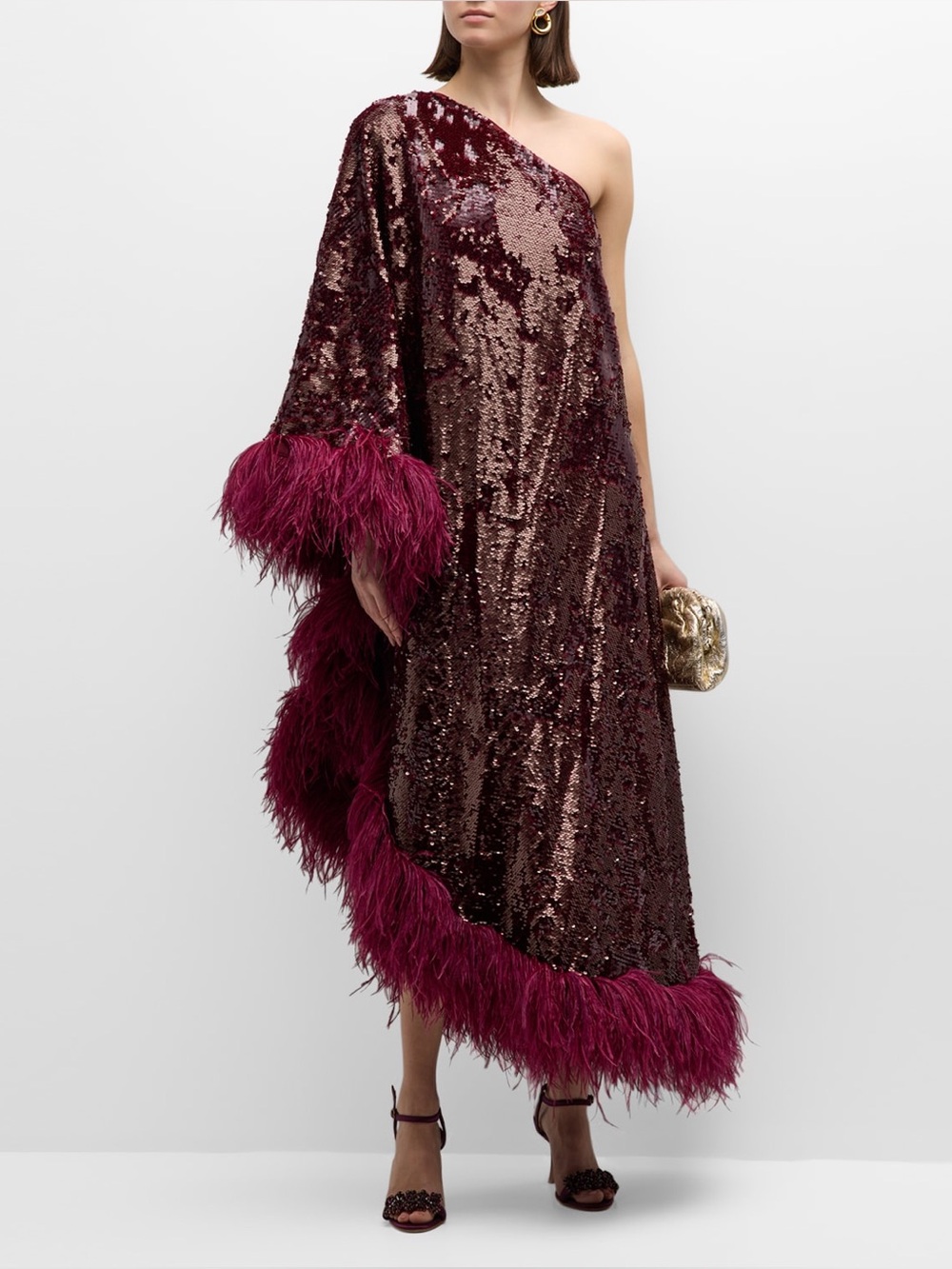 NWOT Roland Mouret Feather-Trim Sequin One-Shoulder Midi Dress